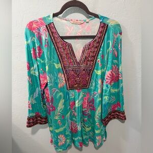 Soft Surroundings Womens Floral Embroidered Sequin Tunic Top Sz L Boho Artsy